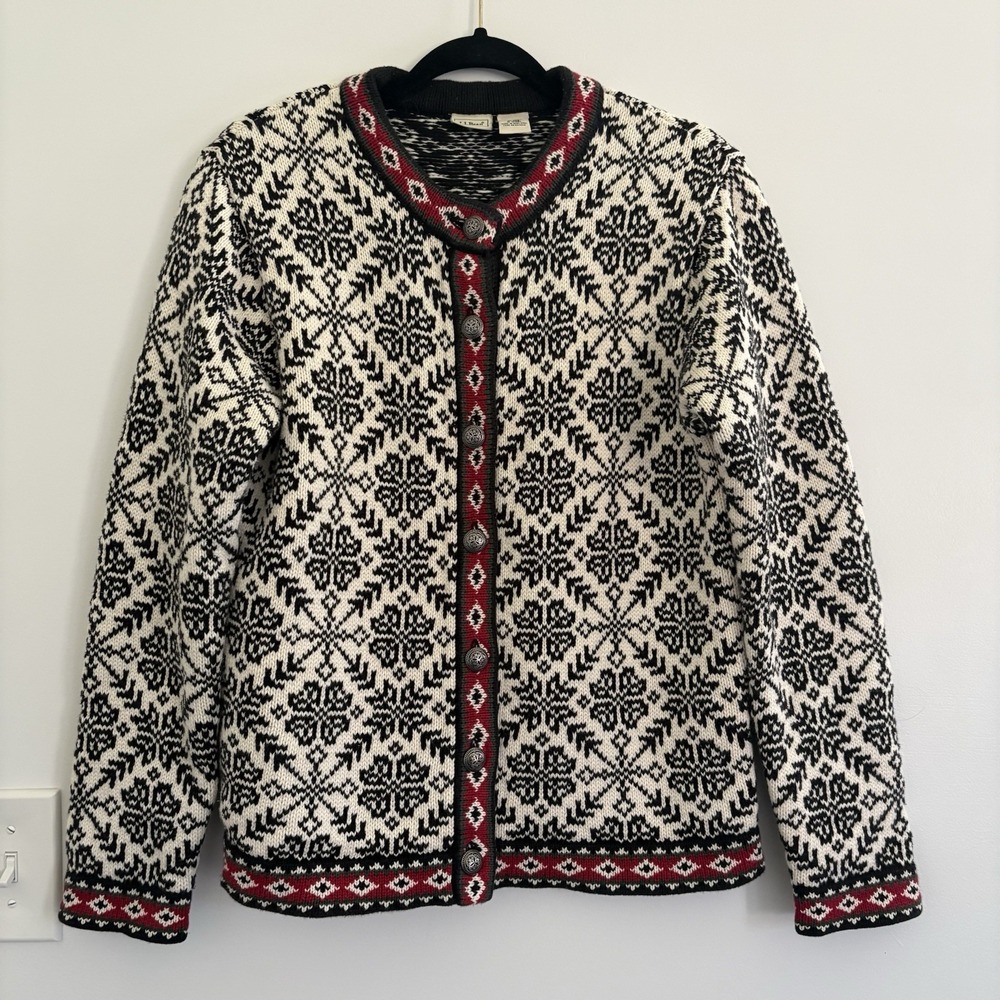 Vintage LL Bean Nordic Fair Isle Snowflake Button Up Sweater Size M Birdseye
